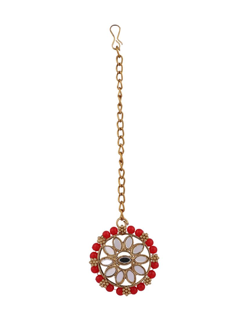 zaffrecollections stylish mirror and red pearl choker set with maang tikka for women and girls - 19955252 - Standard Image - 4