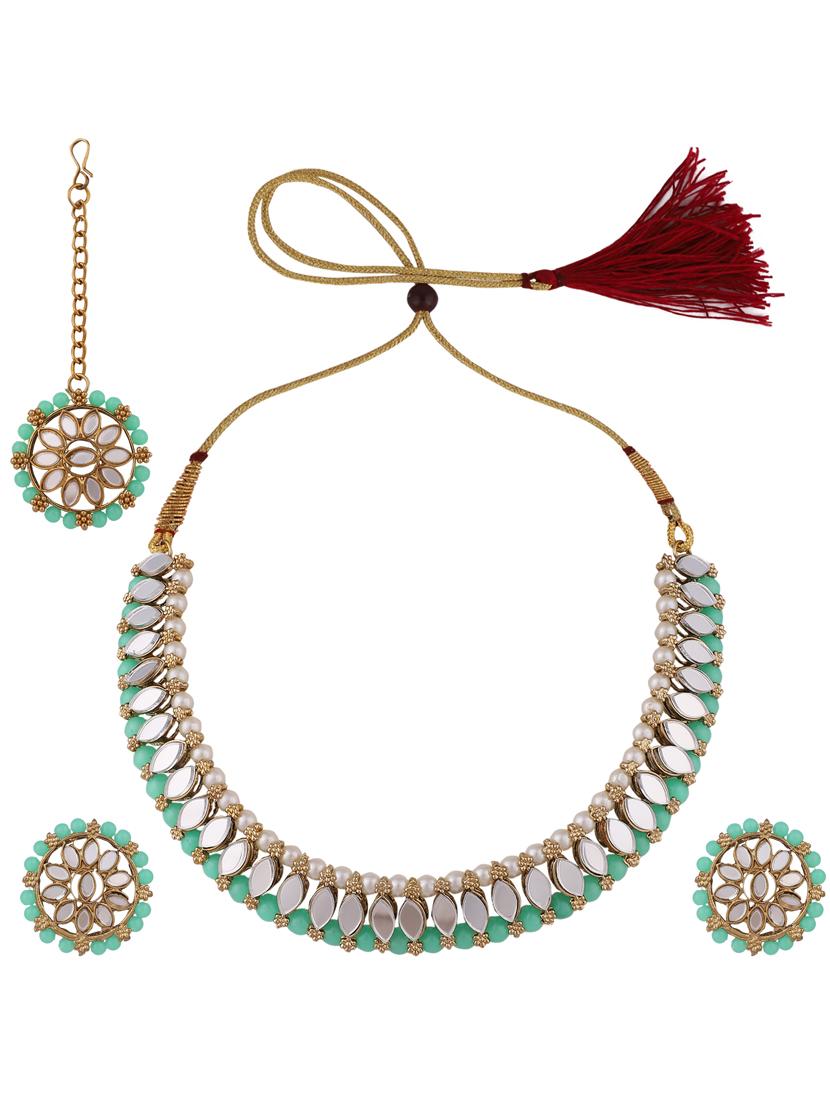 zaffrecollections stylish mirror and sea green pearl choker set with maang tikka for women and girls - 19955253 - Standard Image - 1