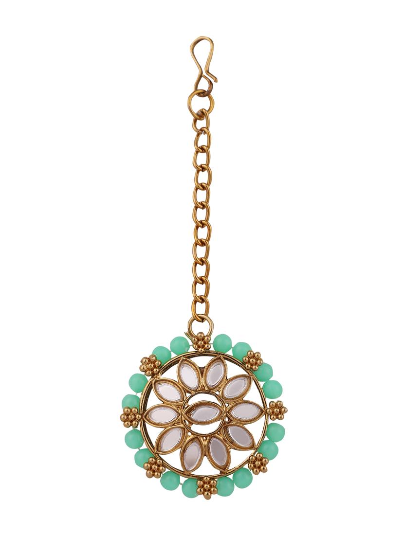 zaffrecollections stylish mirror and sea green pearl choker set with maang tikka for women and girls - 19955253 - Standard Image - 4