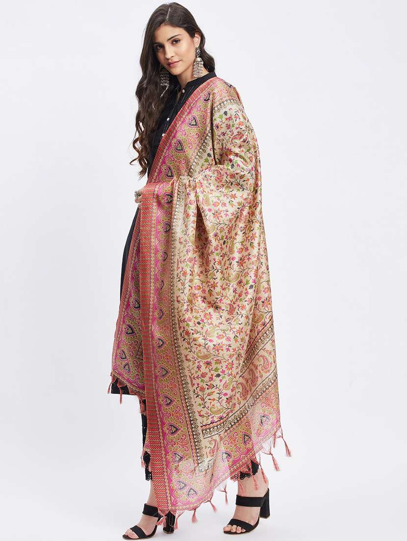 beige floral print dupatta with fringes - 19955261 -  Standard Image - 1