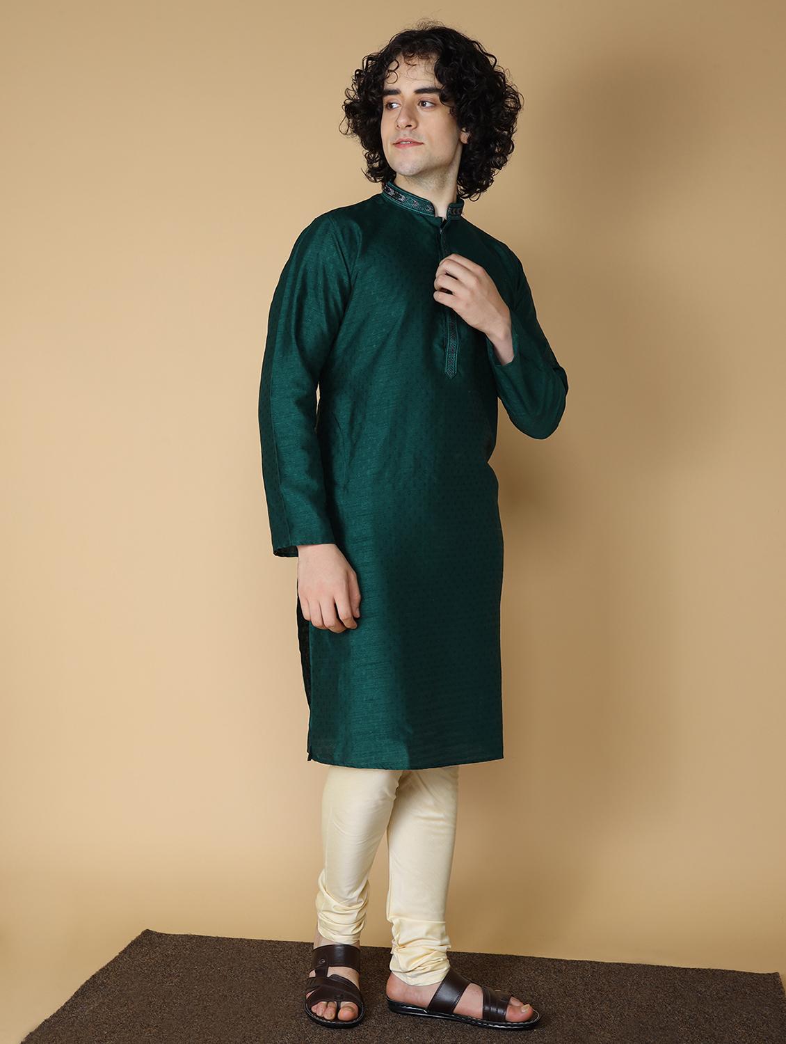dark green embroidered kurta pyjama set - 19955375 - Standard Image - 1
