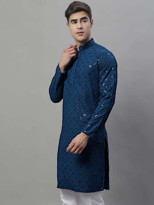 men embroidered mandarin neck long kurta - 19957247 -  Standard Image - 0