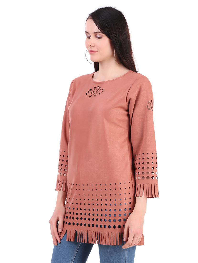 brown self designed round neck regular tunic - 19957385 - Standard Image - 1