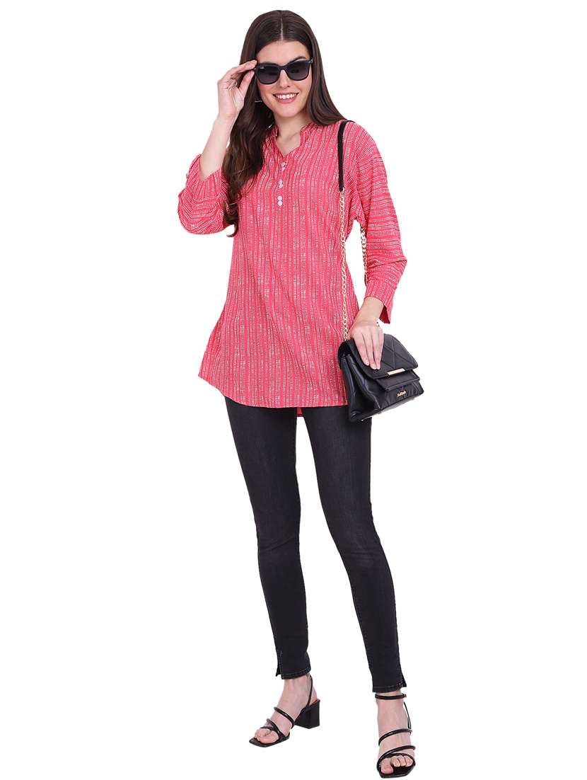 pink printed mandarin neck side slit regular tunic - 19957386 -  Standard Image - 4