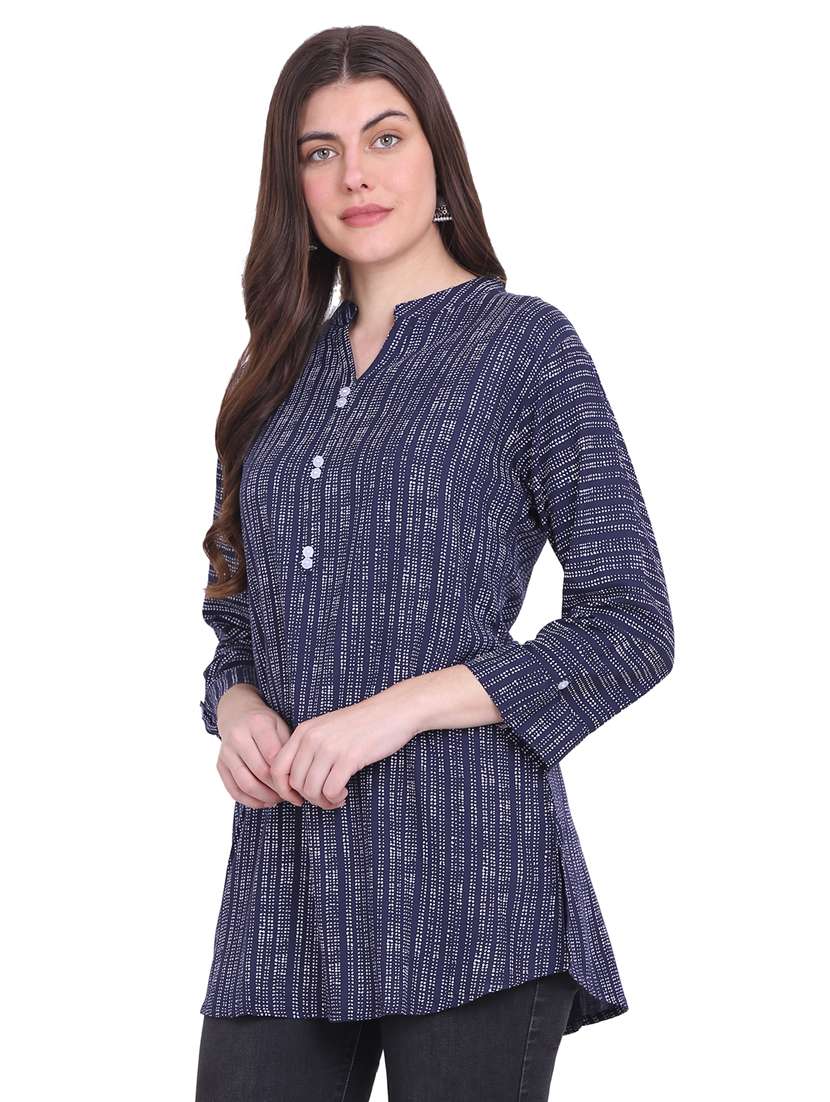 blue printed mandarin neck side slit regular tunic - 19957387 -  Standard Image - 1