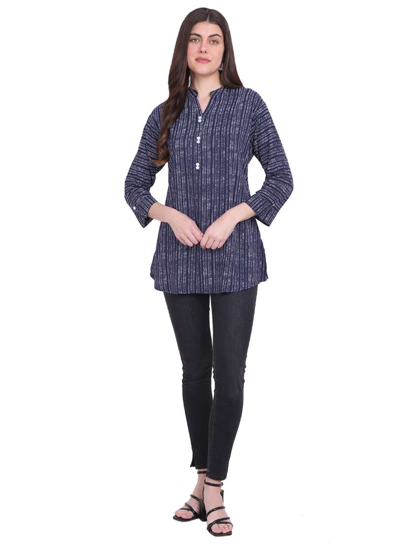 blue printed mandarin neck side slit regular tunic - 19957387 -  Standard Image - 4