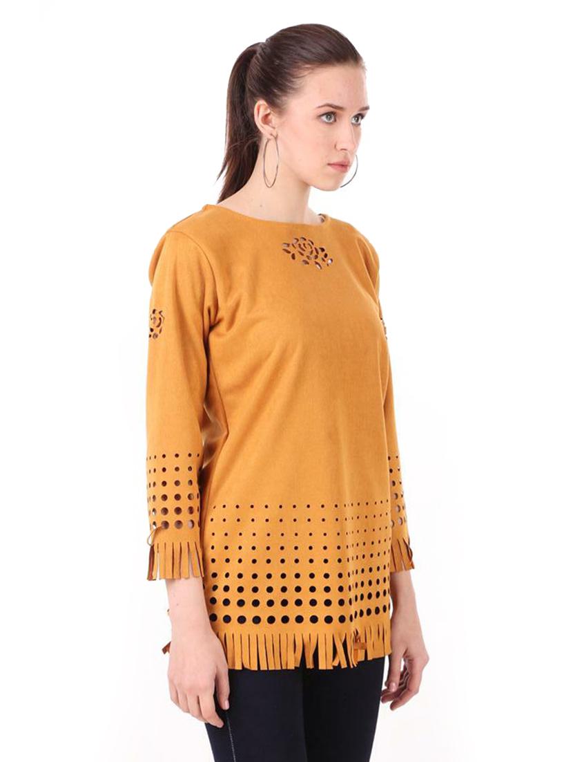yellow self designed round neck regular tunic - 19957390 -  Standard Image - 1