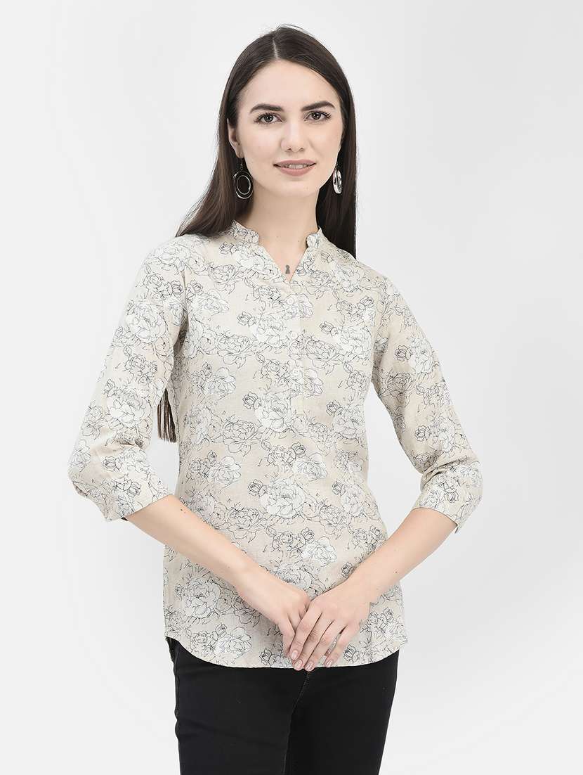 grey floral print mandarin neck high-low top