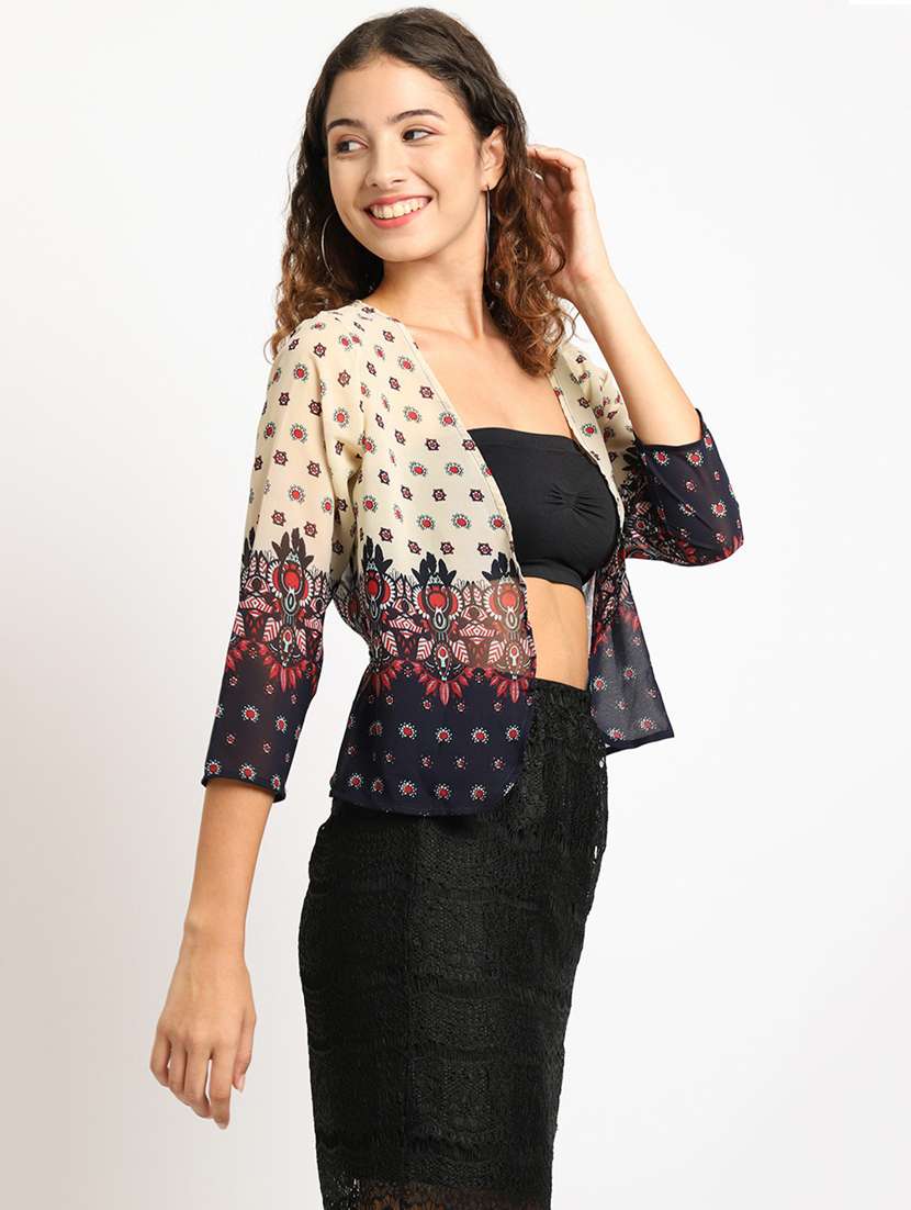 women printed three quarter sleeve shrugs - 19960064 -  Standard Image - 1