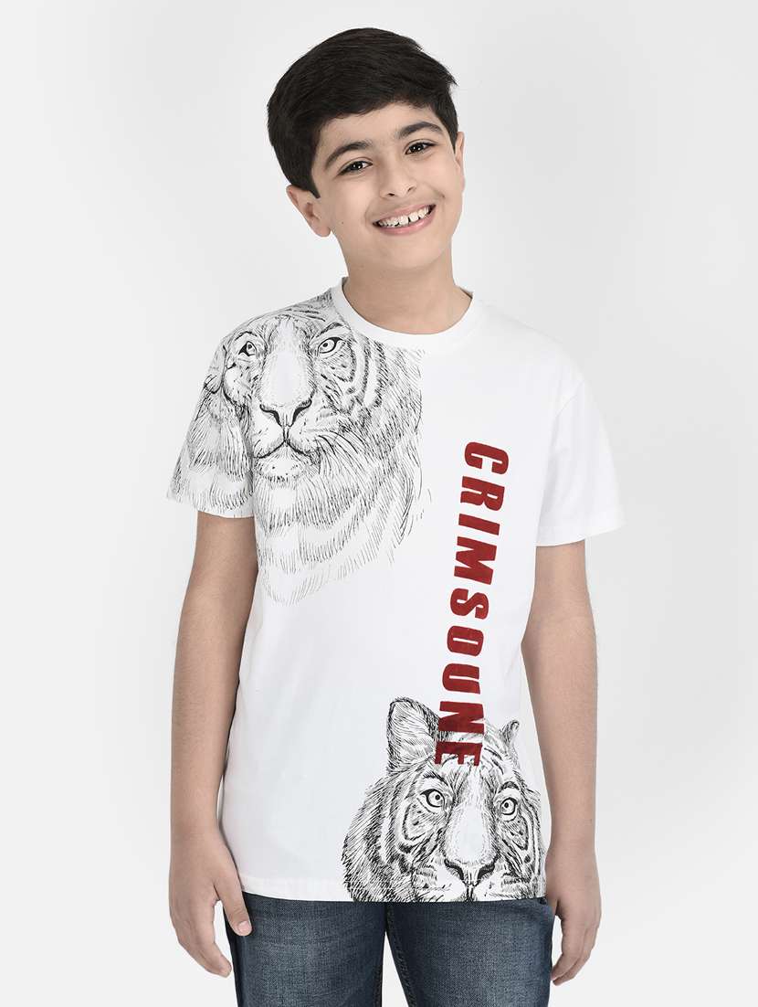 white printed round neck t-shirt