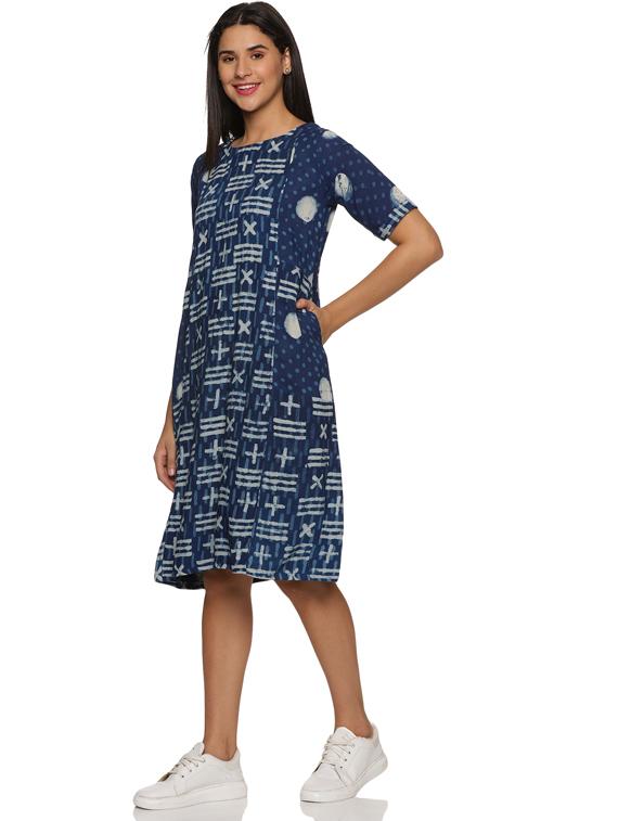 blue round neck printed a-line ethnic dress - 19962004 -  Standard Image - 1