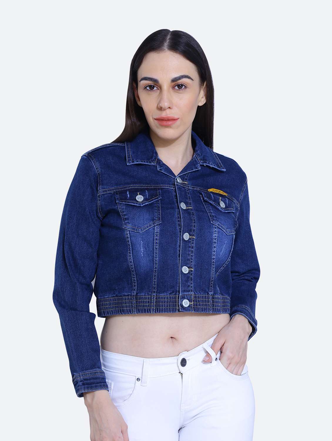 blue solid cropped denim jacket
