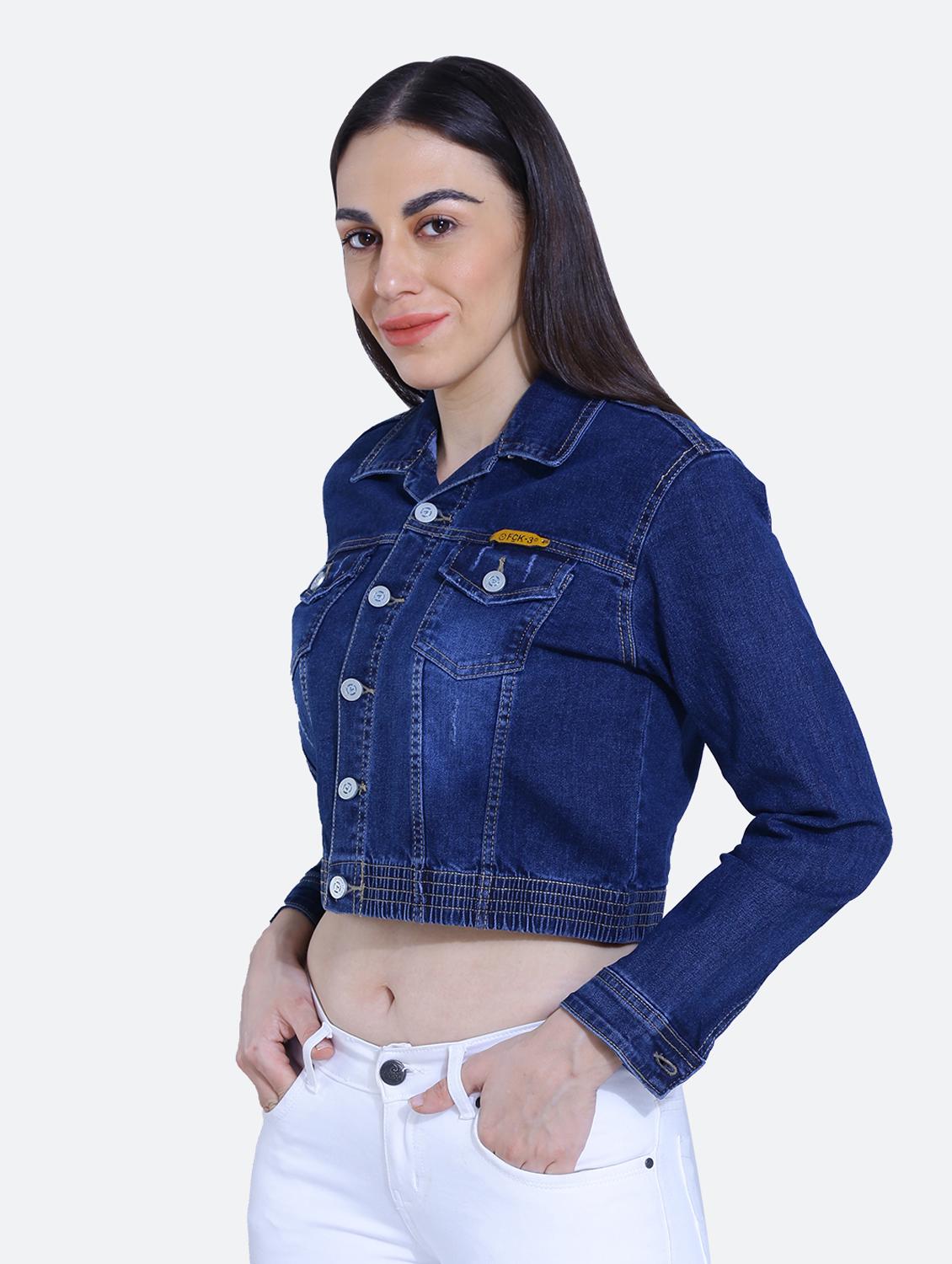 blue solid cropped denim jacket - 19962961 - Standard Image - 1