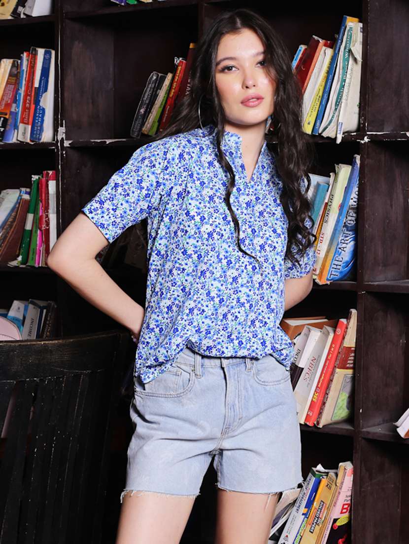 women's straight mandarin neck top