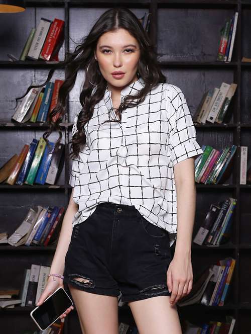 women's high-low mandarin neck top - 19963270 - Standard Image - 0