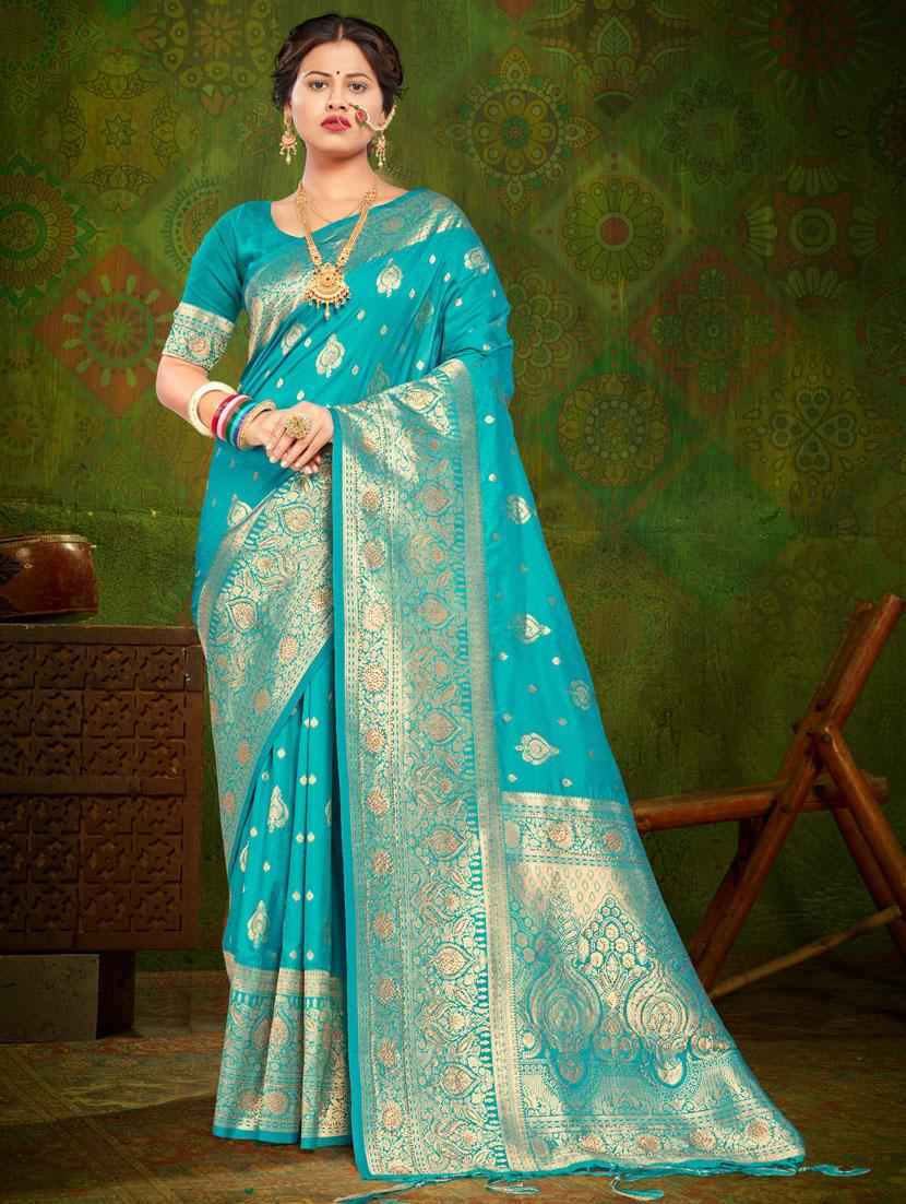 sky blue silk banarasi saree with blouse - 19963331 -  Zoom Image - 0