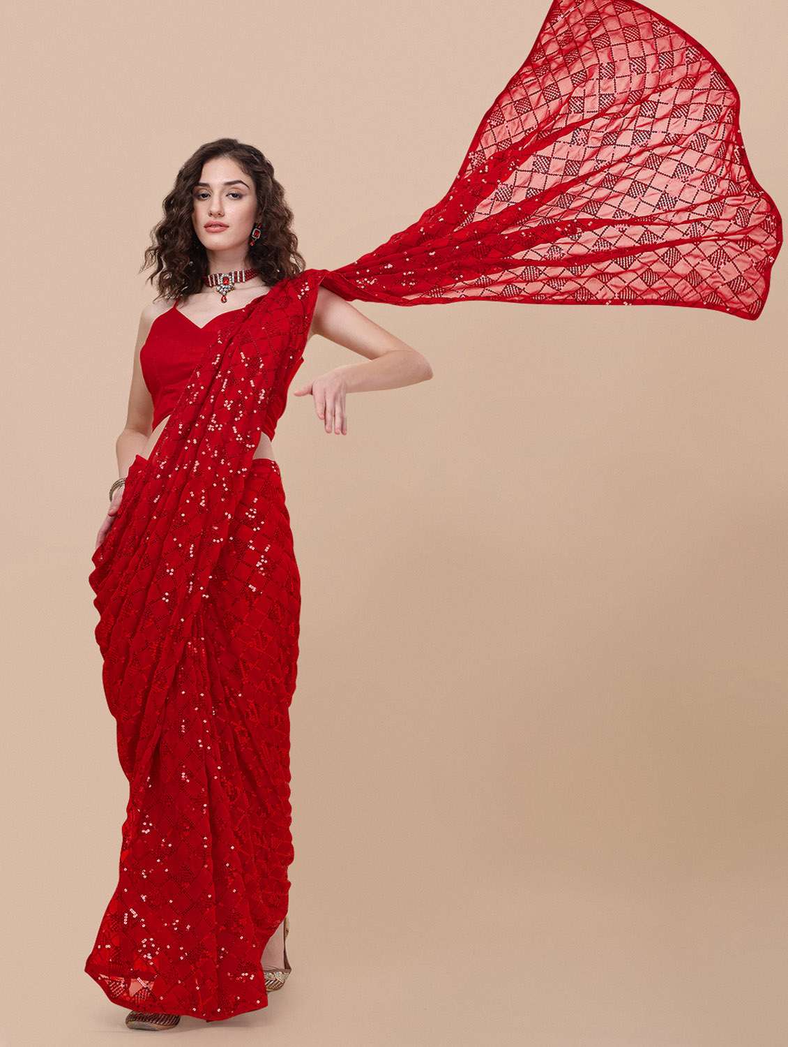 women's self design red colored saree - 19963405 -  Standard Image - 1