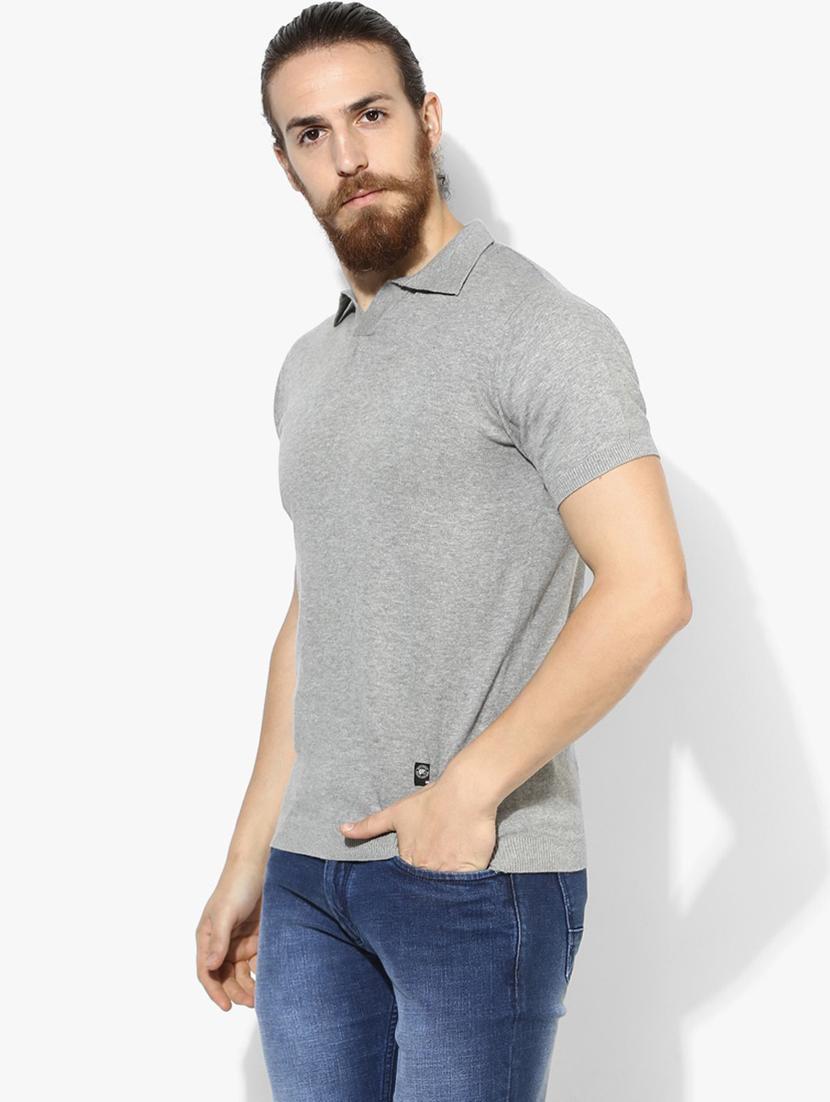 grey solid short sleeve polo neck t-shirt - 19964045 -  Standard Image - 1