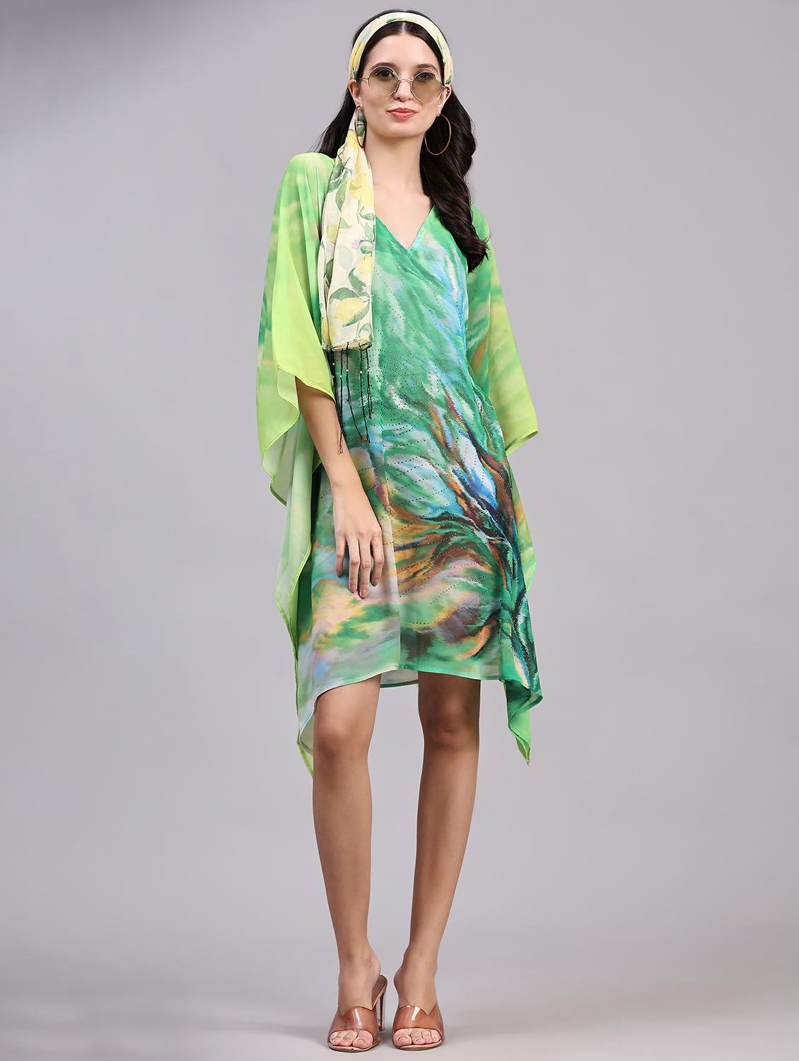 green relaxed fit v neck printed kaftan dress - 19967953 -  Standard Image - 1