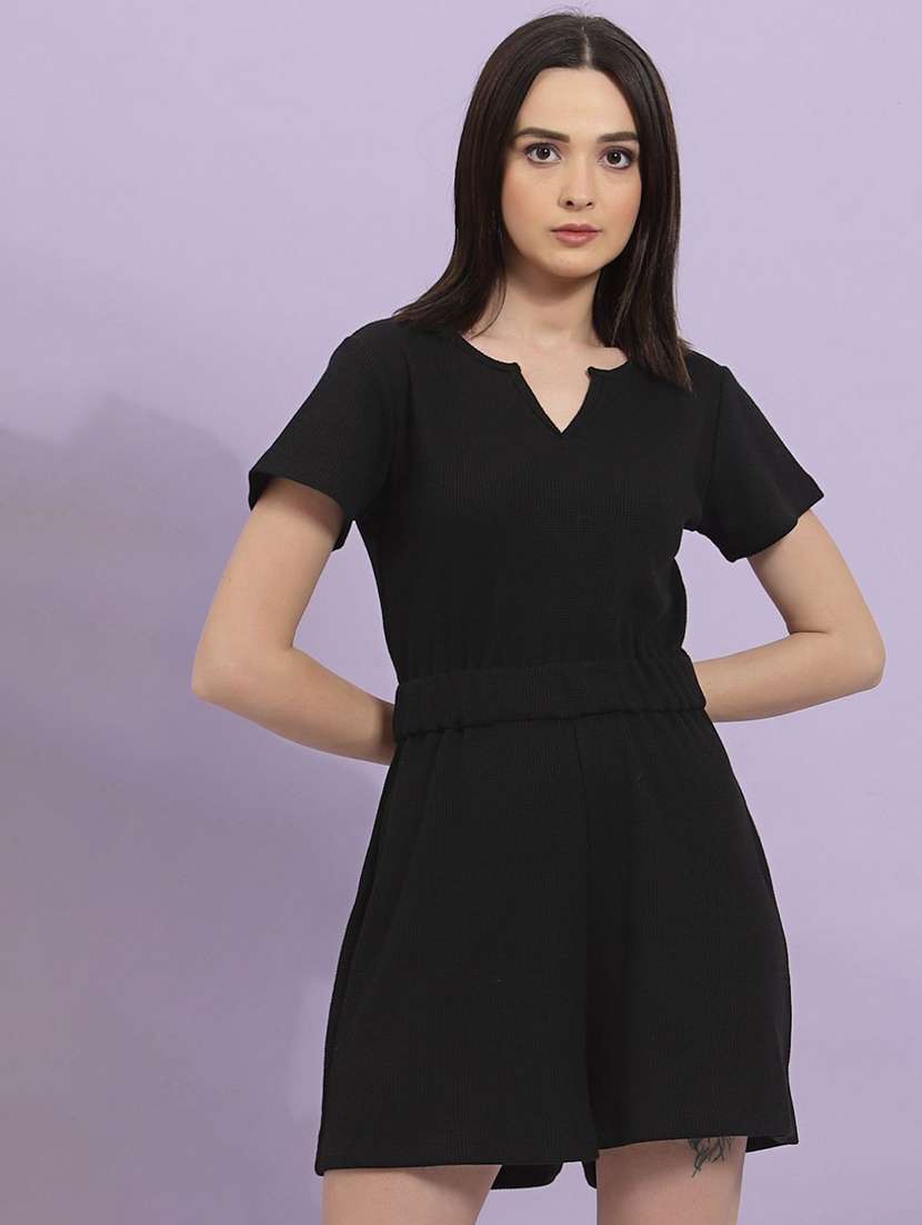 women black solid short sleeve romper
