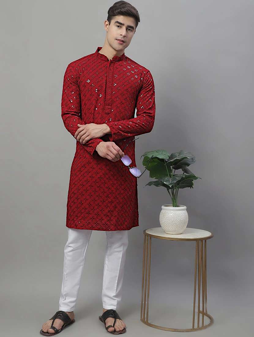 maroon chikankari embroidered and sequin kurta pyjama.