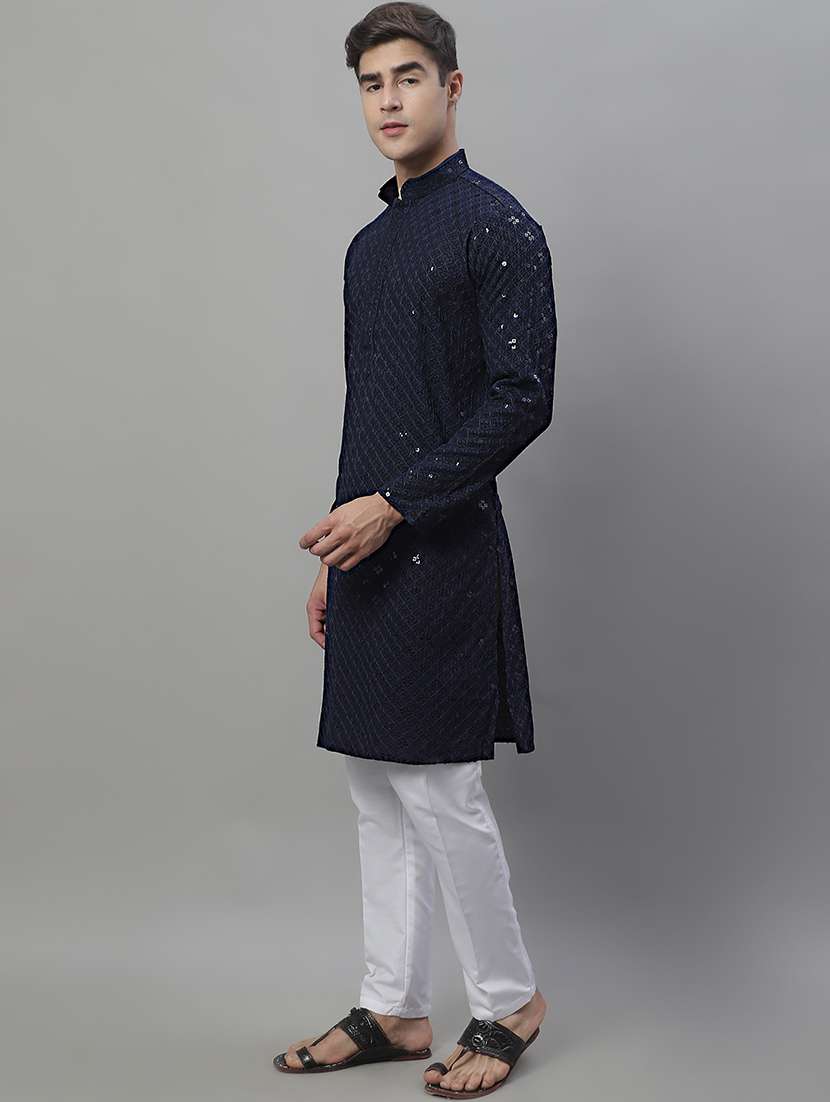 navy blue chikankari embroidered and sequin kurta pyjama. - 19969988 -  Standard Image - 1