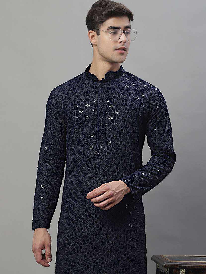 navy blue chikankari embroidered and sequin kurta pyjama. - 19969988 -  Standard Image - 4