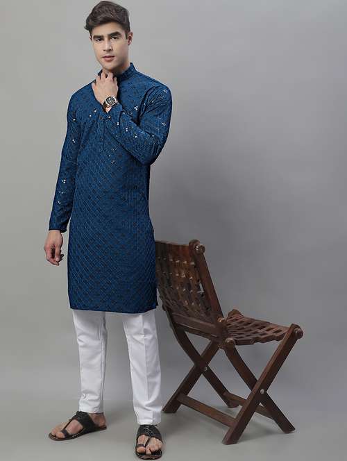 blue chikankari embroidered and sequin kurta pyjama. - 19969990 -  Standard Image - 0