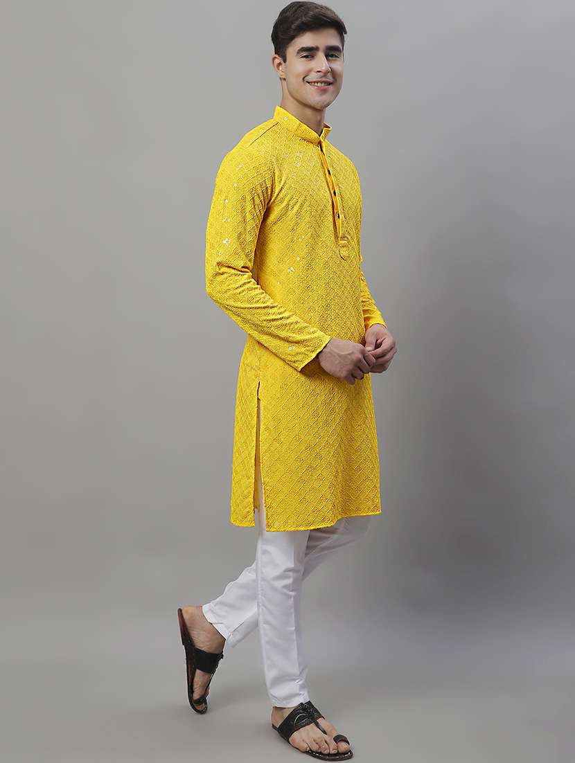men yellow chikankari embroidered and sequin kurta pyjama set - 19969993 -  Standard Image - 1