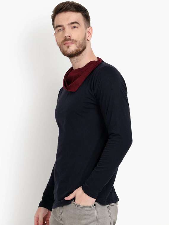 navy blue solid long sleeves cowl neck t-shirt - 19976402 -  Standard Image - 1