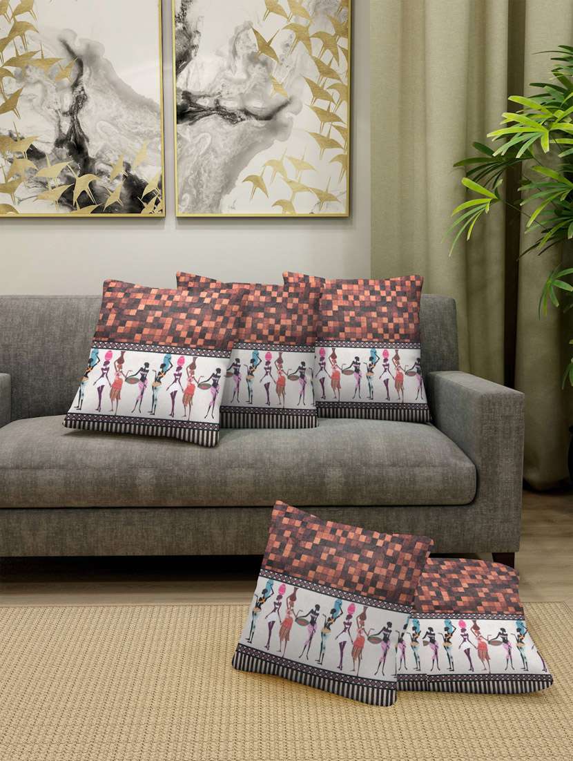 fabinaliv set of 5 brown ethnic cotton blend square shape cushion covers (40x40 cm)