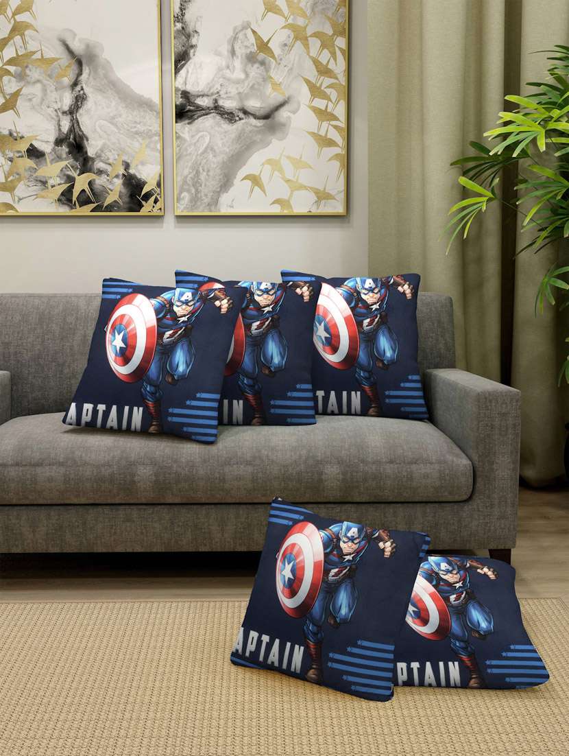 fabinaliv set of 5 blue cartoon print cotton blend square shape cushion covers (40x40 cm)