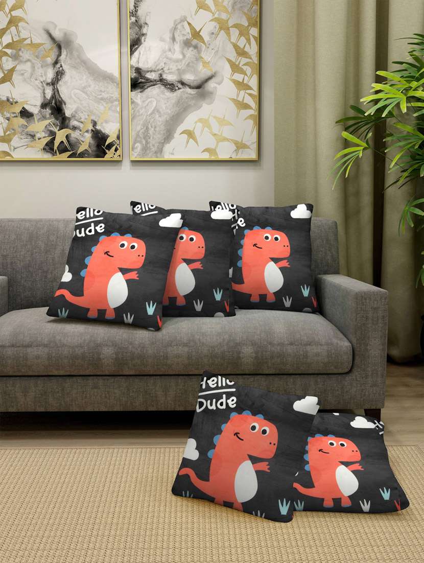 fabinaliv set of 5 black cartoon print cotton blend square shape cushion covers (40x40 cm)