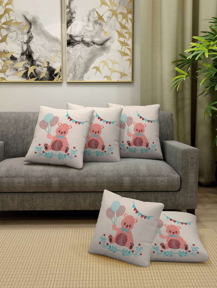 fabinaliv set of 5 off white 100% cotton embroidered square shape cushion covers (40x40 cm)