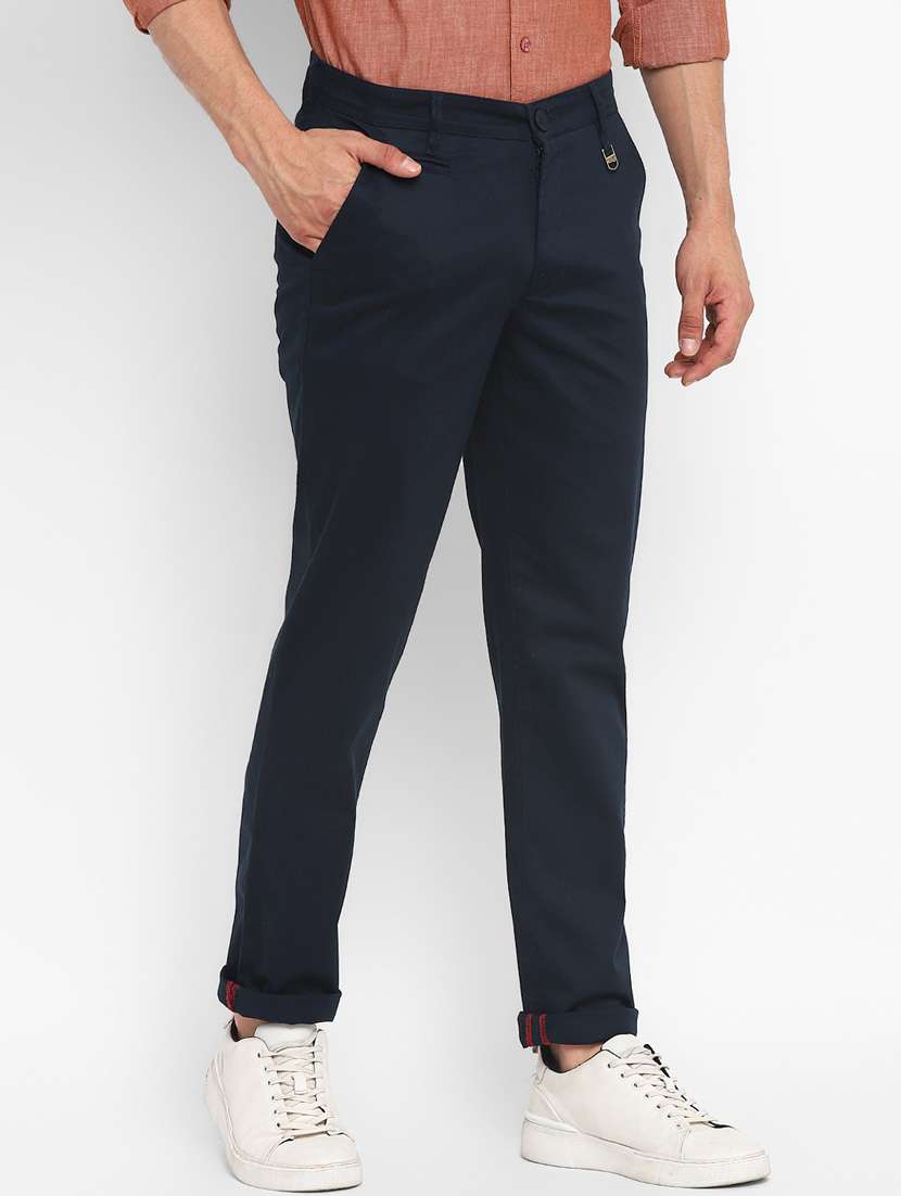 blue lycra blend flat front casual trousers - 19981151 -  Standard Image - 1