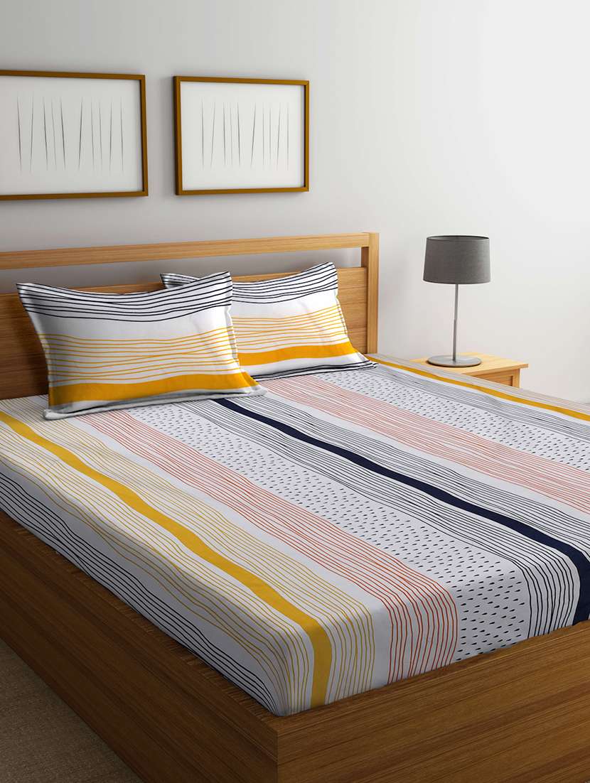 fabinaliv multicolor striped 300 tc cotton blend super king size double bedsheet with 2 pillow covers