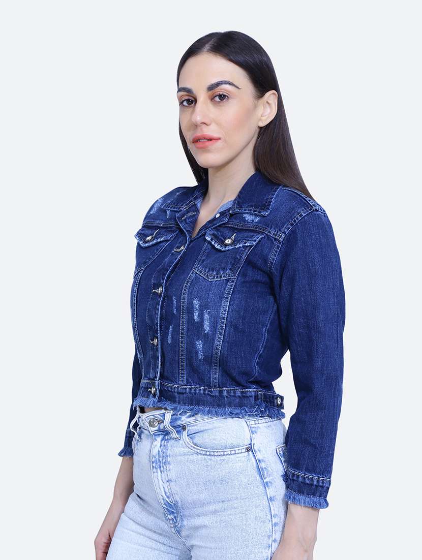 dark blue spread collar long sleeve denim jacket - 19982773 -  Standard Image - 1