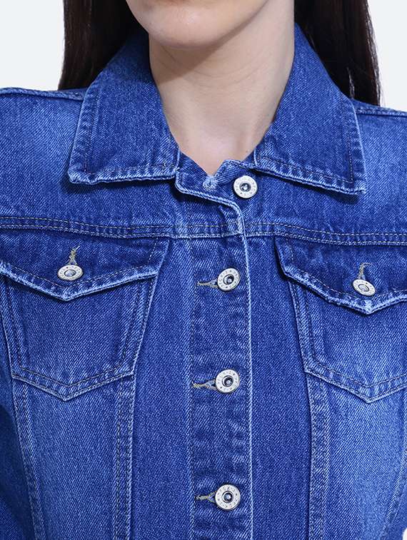  blue spread collar long sleeve denim jacket - 19982774 -  Standard Image - 4