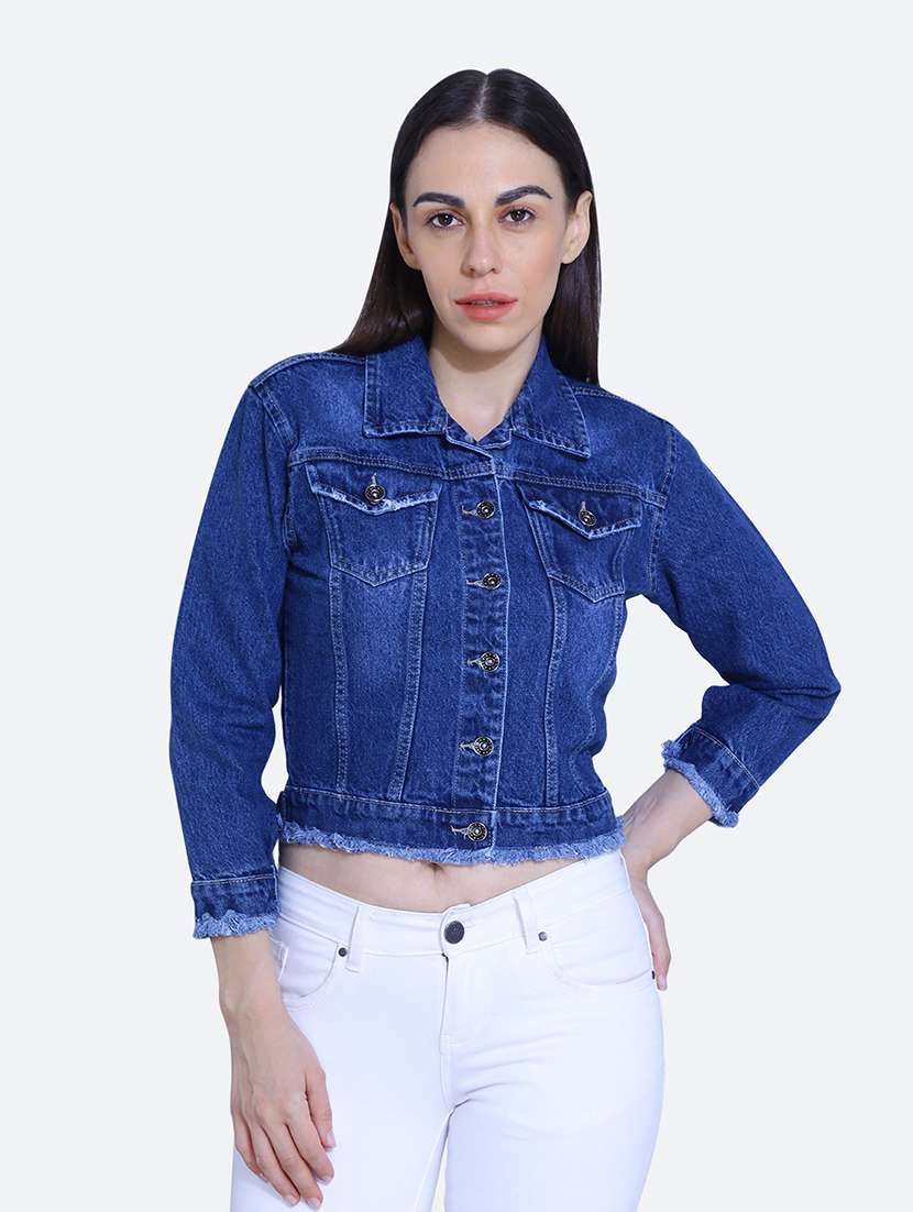 dark blue spread collar long sleeve denim jacket