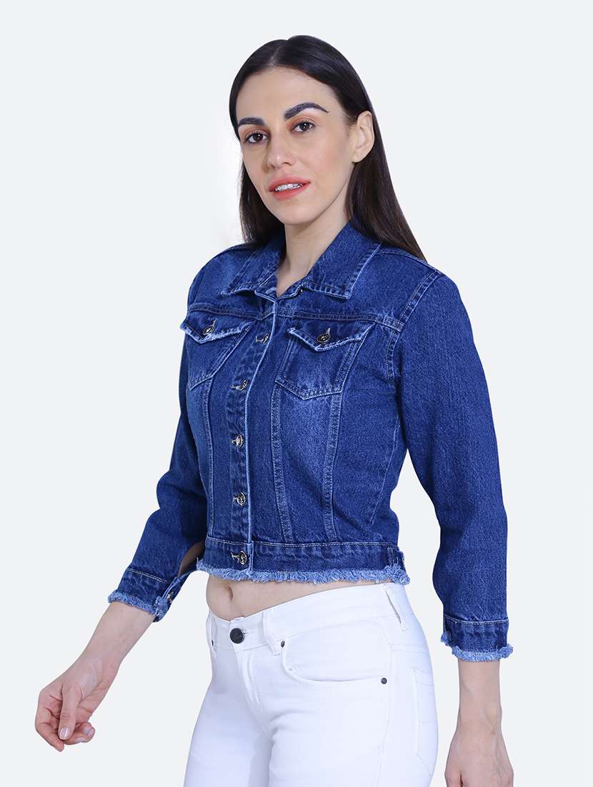 dark blue spread collar long sleeve denim jacket - 19982775 - Standard Image - 1