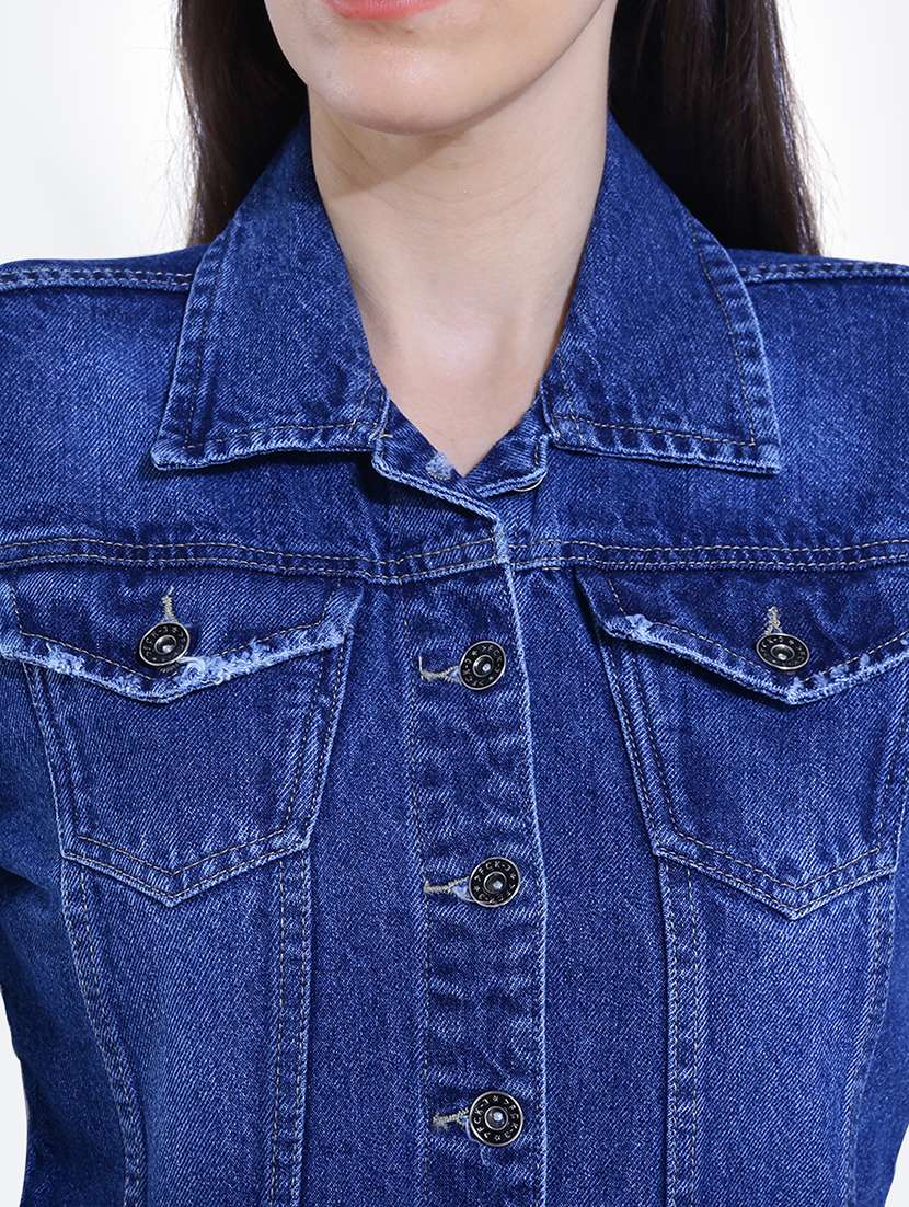 dark blue spread collar long sleeve denim jacket - 19982775 - Standard Image - 4