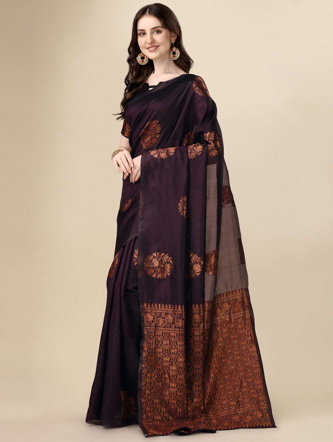 women's self design coffee brown colored saree with blouse - 19983166 -  Standard Image - 1