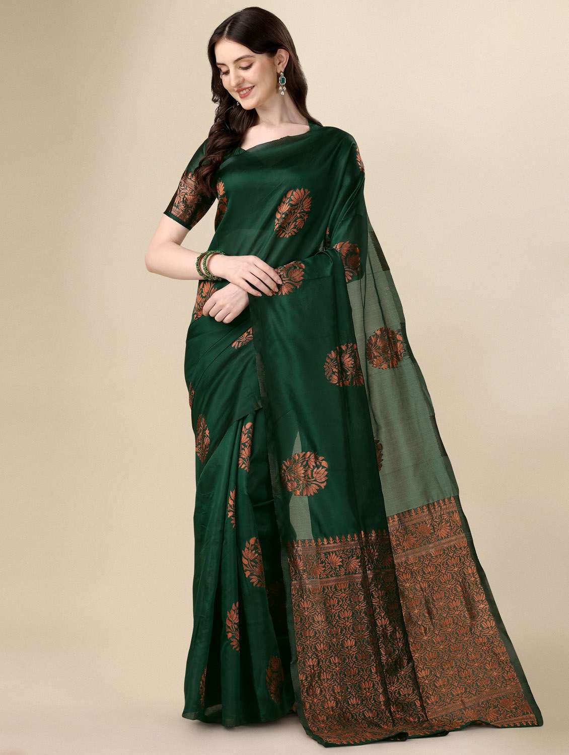 women's self design bottle green colored saree with blouse - 19983169 -  Standard Image - 1