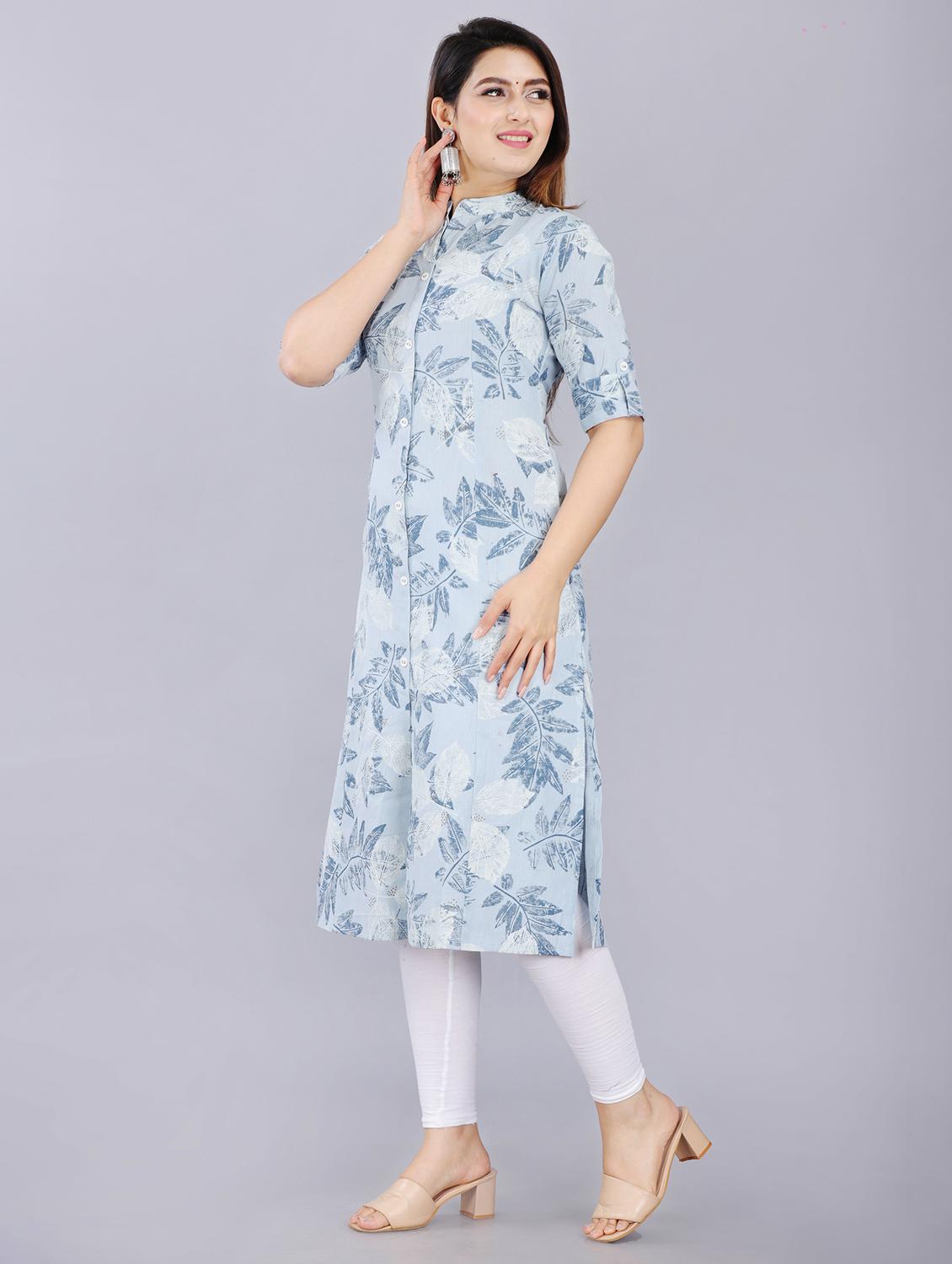 mandarin neck printed front slit kurta - 19983210 -  Standard Image - 1