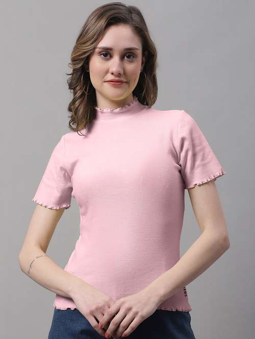 women pink solid mock neck regular top - 19986059 - Standard Image - 0