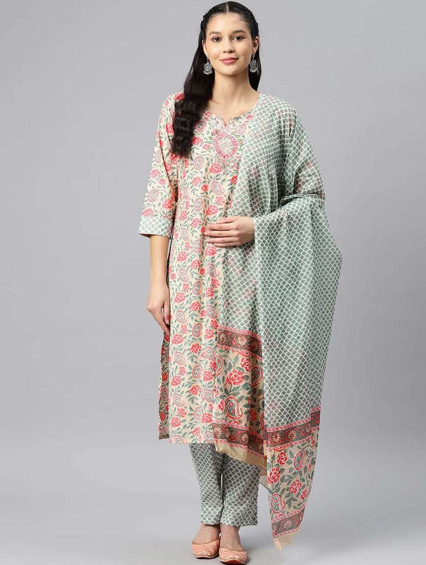 women three quarter sleeve kurta pant with dupatta set