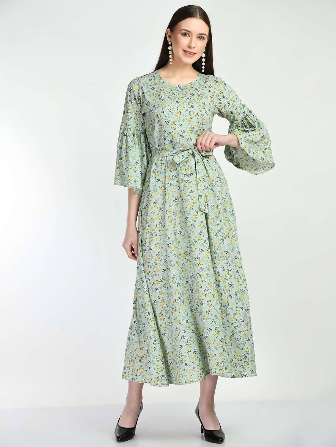 bell sleeved floral fit & flare dress