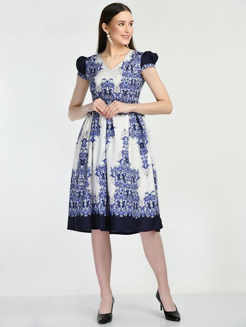 blue printed fit & flare dress - 19988483 - Standard Image - 0