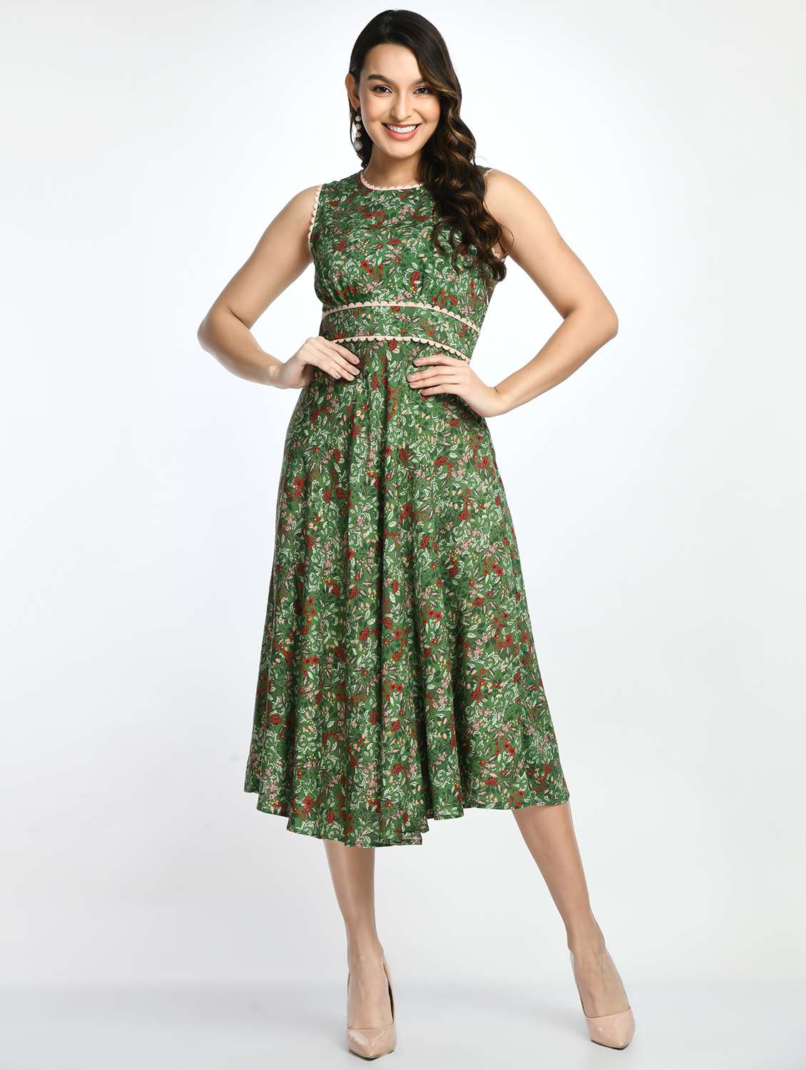 round neck printed fit & flare dress