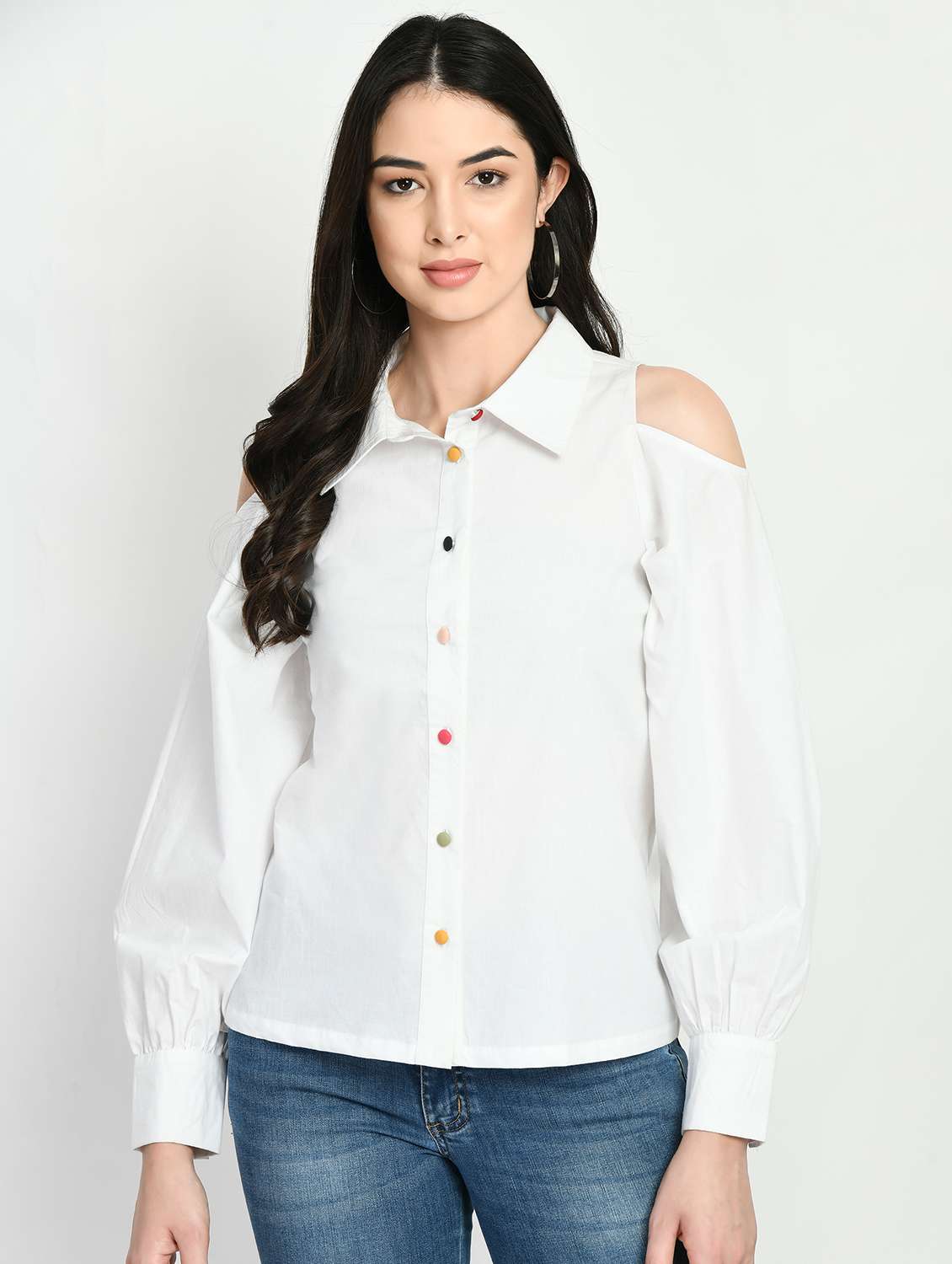 white cold shoulder solid shirt